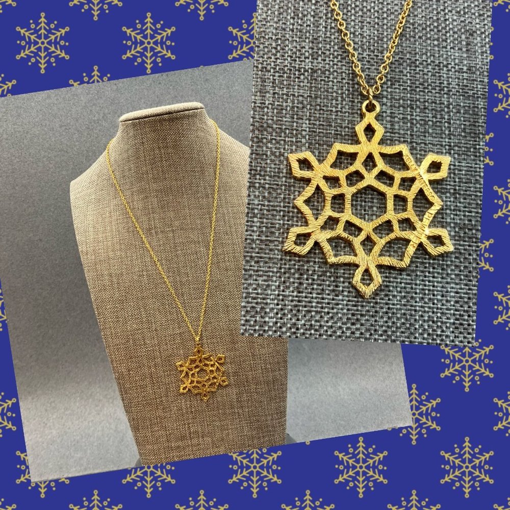 Kelly Waters Snowflake Pendant Pewter Necklace Gold Textured Delicate Chain Wint